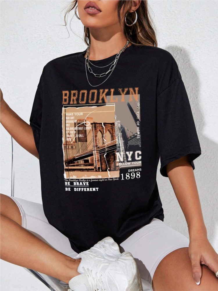 봄 여성 코튼 티셔츠 편지 브루클린 NYC 1898 그 - Street Fashion Nyc 리뷰 및 가격