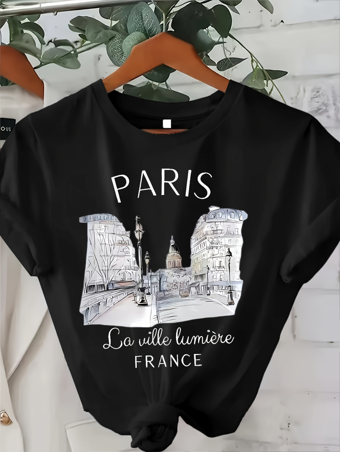 여성용 파리 프린트 크루넥 티셔츠 - 에펠탑과 프랑스어 - Street Fashion Paris 2025 리뷰 및 가격